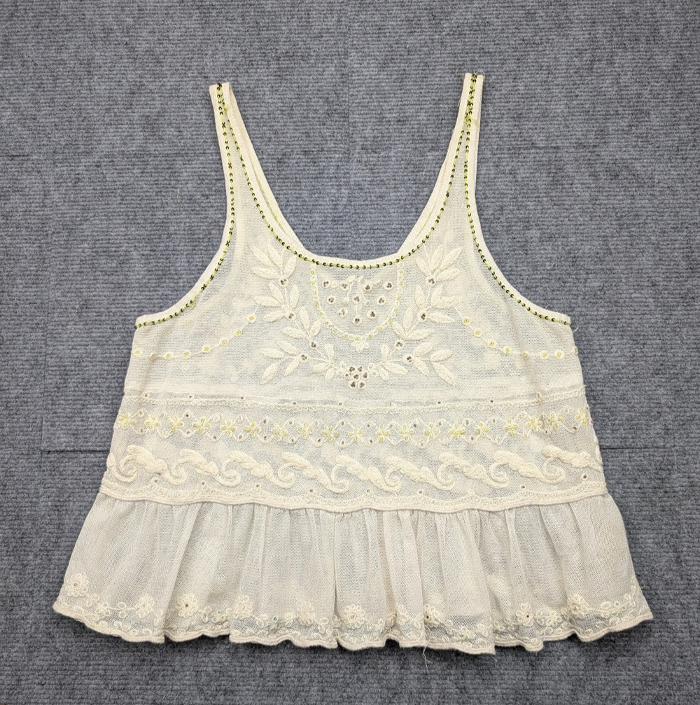Free People Blouse Womens Small Sheer Beaded Festival Lace Boho Whimsical Beach